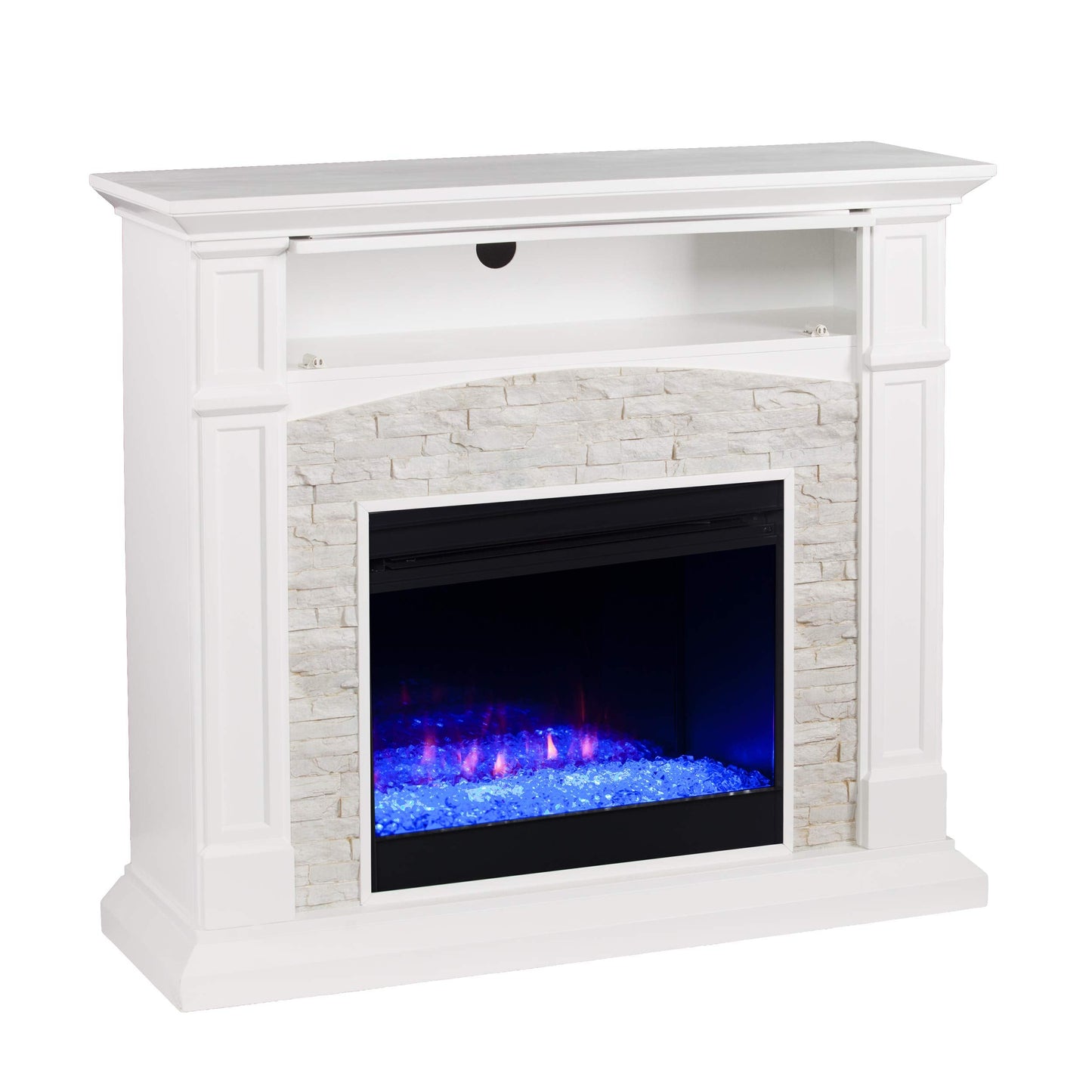 Sei Furniture Seneca Faux Stone Color Changing Electric Hidden Media Shelf 45.75 Fireplace, Traditional Style W/Remote Controlle