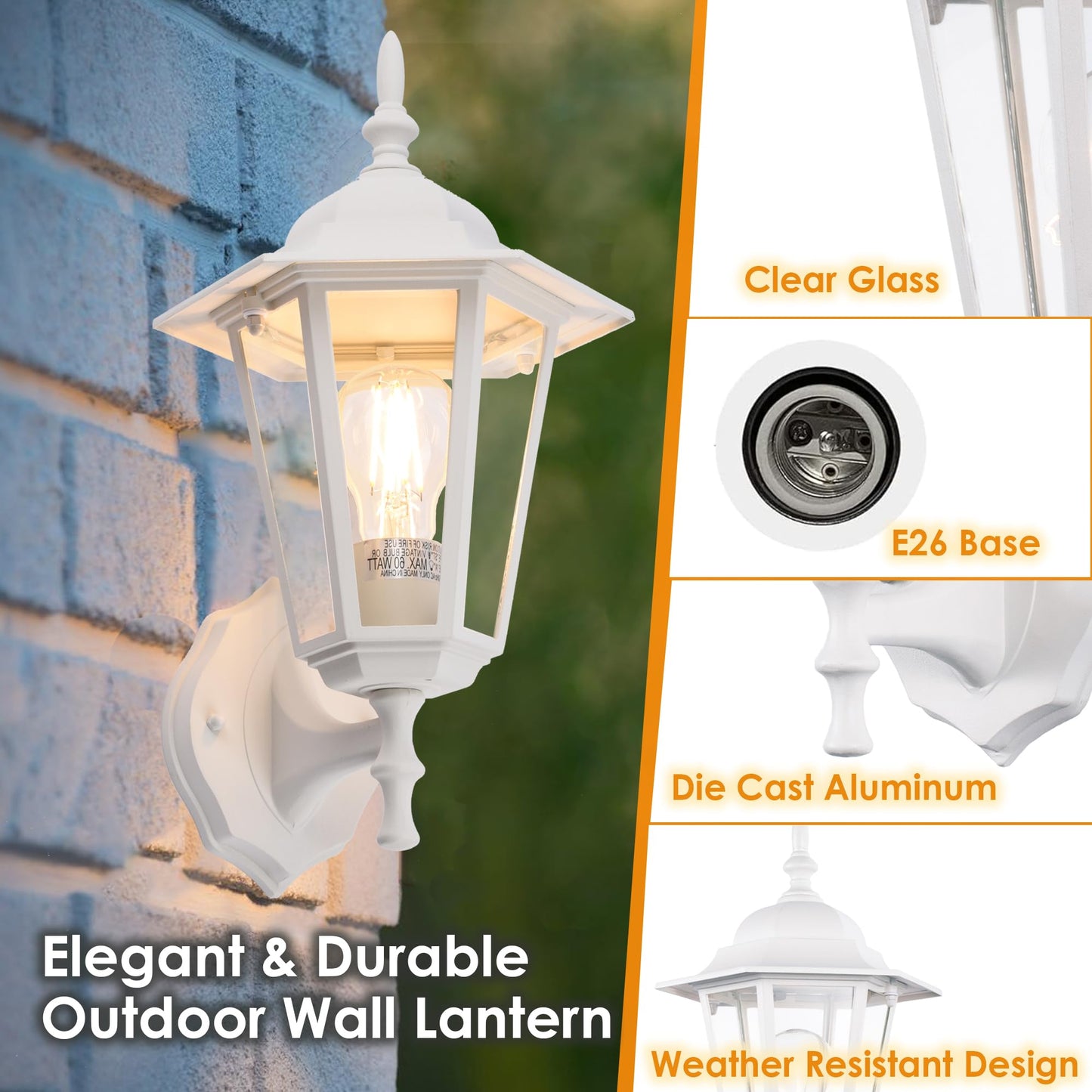GRUENLICH Outdoor Wall Lantern, Aluminum Sconce, Waterproof, E26 Base, 14 Inch, White Finish, 2 Pack, Model GR-WL003-WT-2PK