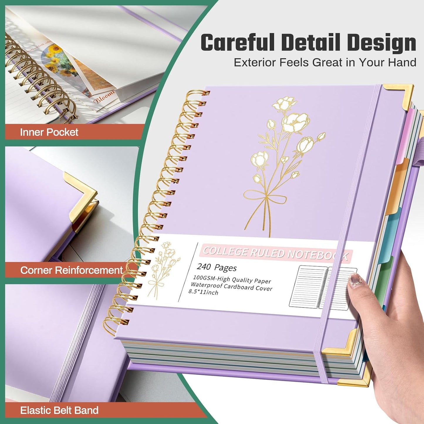 Ovesmusl Hardcover Spiral Notebooks 8.5" X 11" Note Taking 5 Subject Notebook College Ruled with Dividers 240 Pages 100GSM Aesthetic Spiral Notebook for Work School Cute Journals for Women Writing