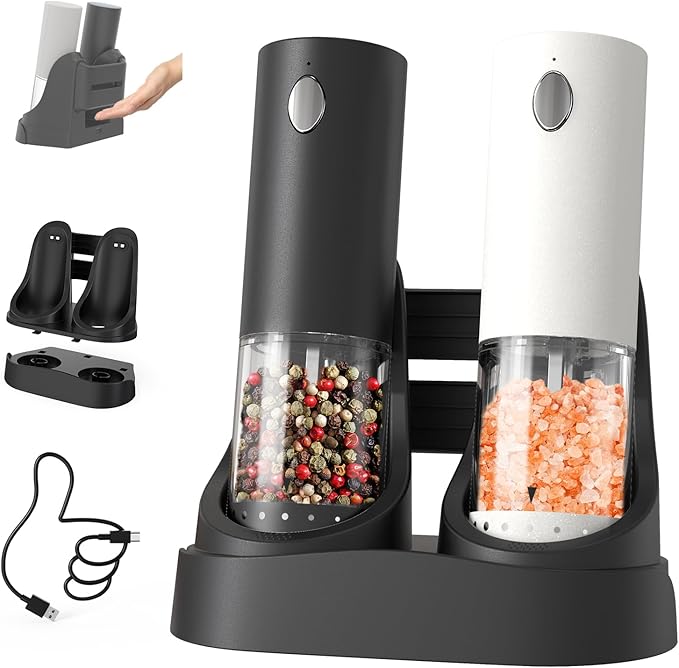 CIRCLE JOY Electric Salt and Pepper Grinder Set Automatic Salt and Pepper Mills Set with Easy-to-Carry Charging Base and LED Light, USB Rechargeable, Upgrade External Adjustable Coarseness