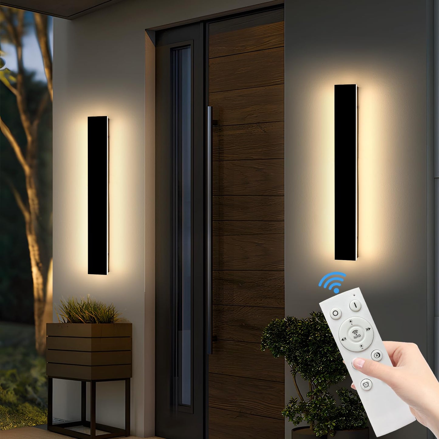 Mikeru Dimmable Outdoor Wall Sconce 23.6in IP65 Waterproof 2-Pack Black with Remote Control, Adjustable 3000K/4500K/6000K, Model