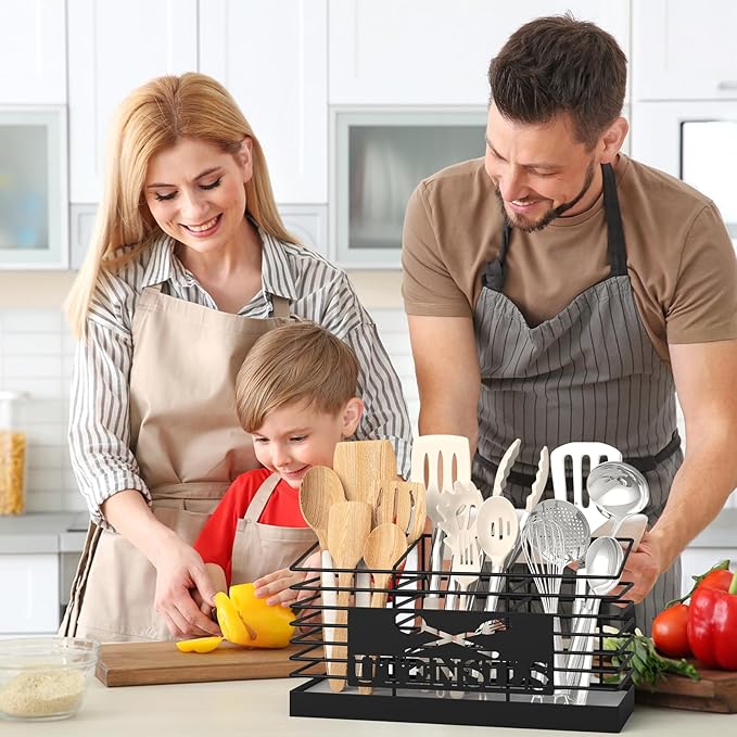 Large Utensil Holder for Kitchen Counter with Fast-Drying Diatomaceous Earth Base, Wall Mountable Metal Utensil Organizer, 3-Compartment Cooking Tools and Silverware Storage Rack, Black