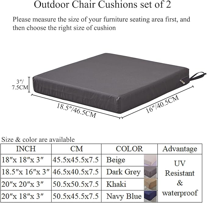 18.5 x 16 Inch Outdoor Chair Cushions for Patio Furniture, UV Resistant Non Slip Waterproof Replacement Patio Seat Cushion with Ties Set of 2, Beige