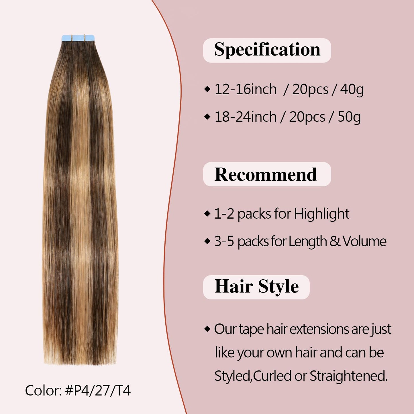 Sunya Tape in Hair Extensions Human Hair Balayage Chocolate Brown to Caramel Blonde 20 Inch 50g/pack 20pcs Straight Seamless Ski