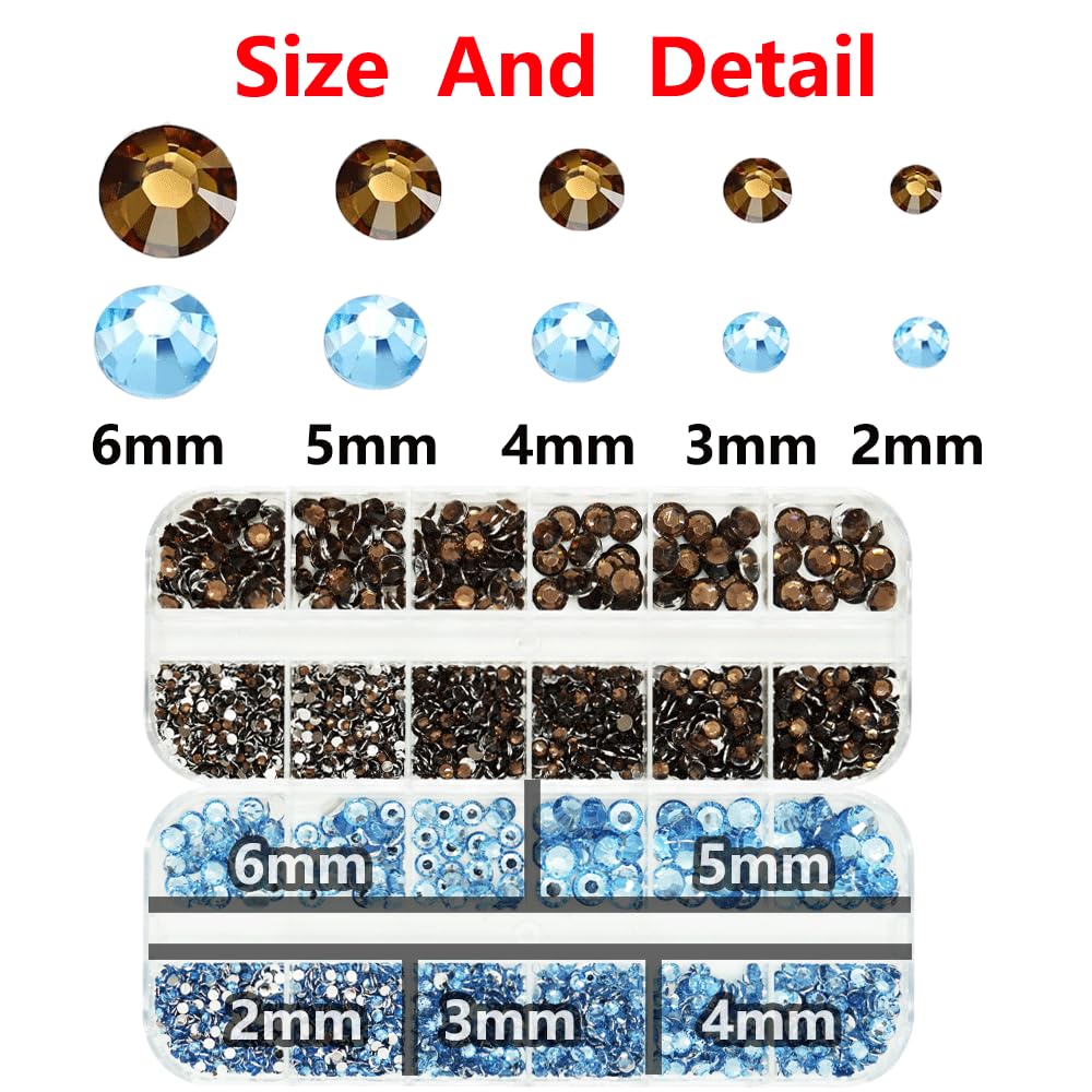 Rhinestones for Bedazzling with B7000 Glue, Light Blue Brown 2mm 3mm 4mm 5mm 6mm (SS8-SS30) Non-Hotfix Flatback Diamonds Kit, Na