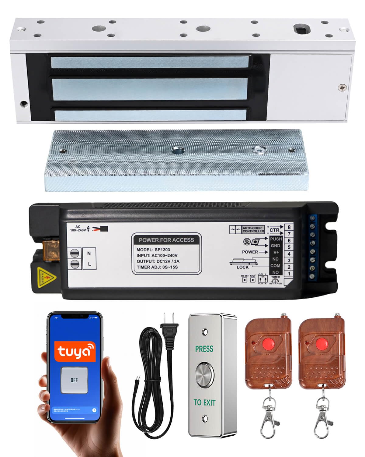 Smart Door Access Control System 1200lbs Magnetic Lock Kit with Tuya App & Remote Control Stainless Steel Exit Button