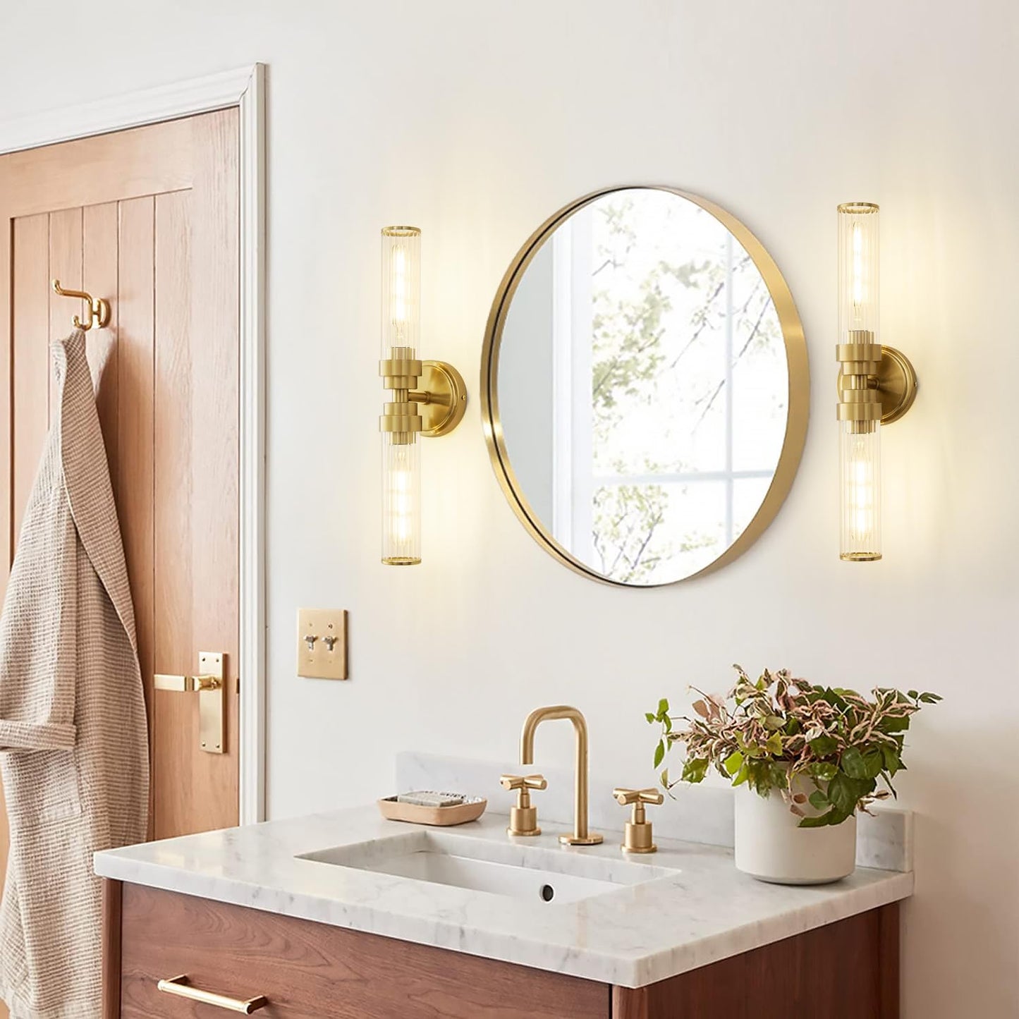 Vaziden Bathroom Light Fixtures  Gold Wall Sconce In Threaded Glass Indoor Vanity Lights  Modern Bathroom Vanity Light Up And Down Sconces Wall Lighting For Bathroom  Living Room - Bulb Not Included