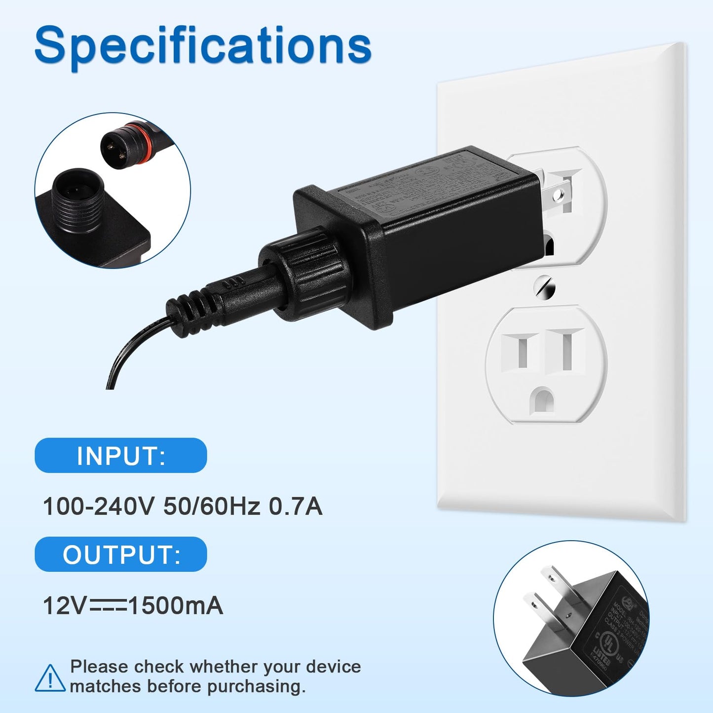 Class 2 Power Supply 12V 1.5A 60Hz  Ip44 Waterproof Yard Inflatable Adapter Replacement  Power Supply Transformer Plug For Halloween Thanksgiving Christmas Blow Up Outdoor Yard Decorations (2Pcs)