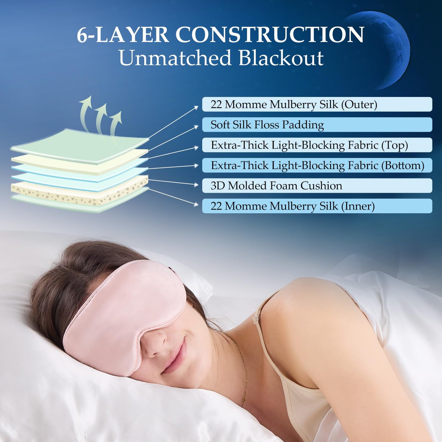 SGMSILK 100% 22 Momme Mulberry Silk Sleep Mask with Adjustable Strap, 3D Contoured Cup Silk Eye Mask for Sleeping, Total Black Out, Pink