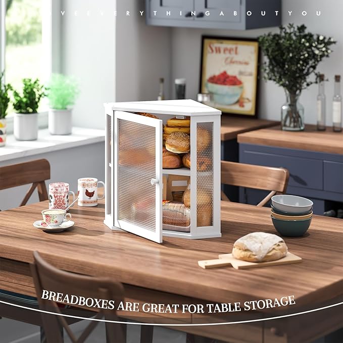 Corner Bread Box Kitchen Countertop Extra Large Capacity Farmhouse Bread Box, Corner Countertop Storage, Double Layer Bread Holder (White, Extra Large)