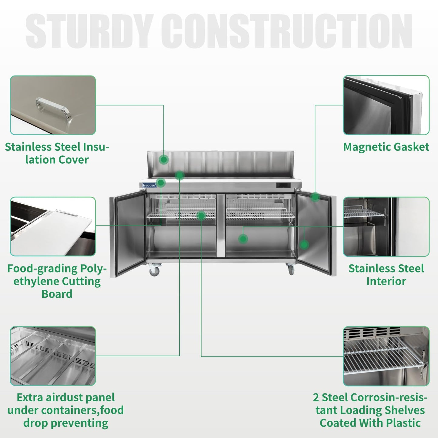 ICECASA 60" W Commercial Refrigerator Sandwich&Salad Prep Table single Door Stainless Steel Counter Fan Cooling Refrigerator with 16 pans-60 Inches for Restaurant, Bar, Shop, etc