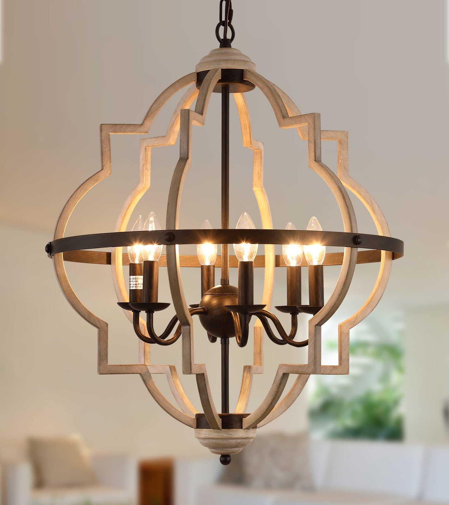 Q&S Rustic Antique Orb Chandelier, 6-Light Oak White Iron Ceiling Fixture For Foyer, Dining Room, Kitchen, Living Room