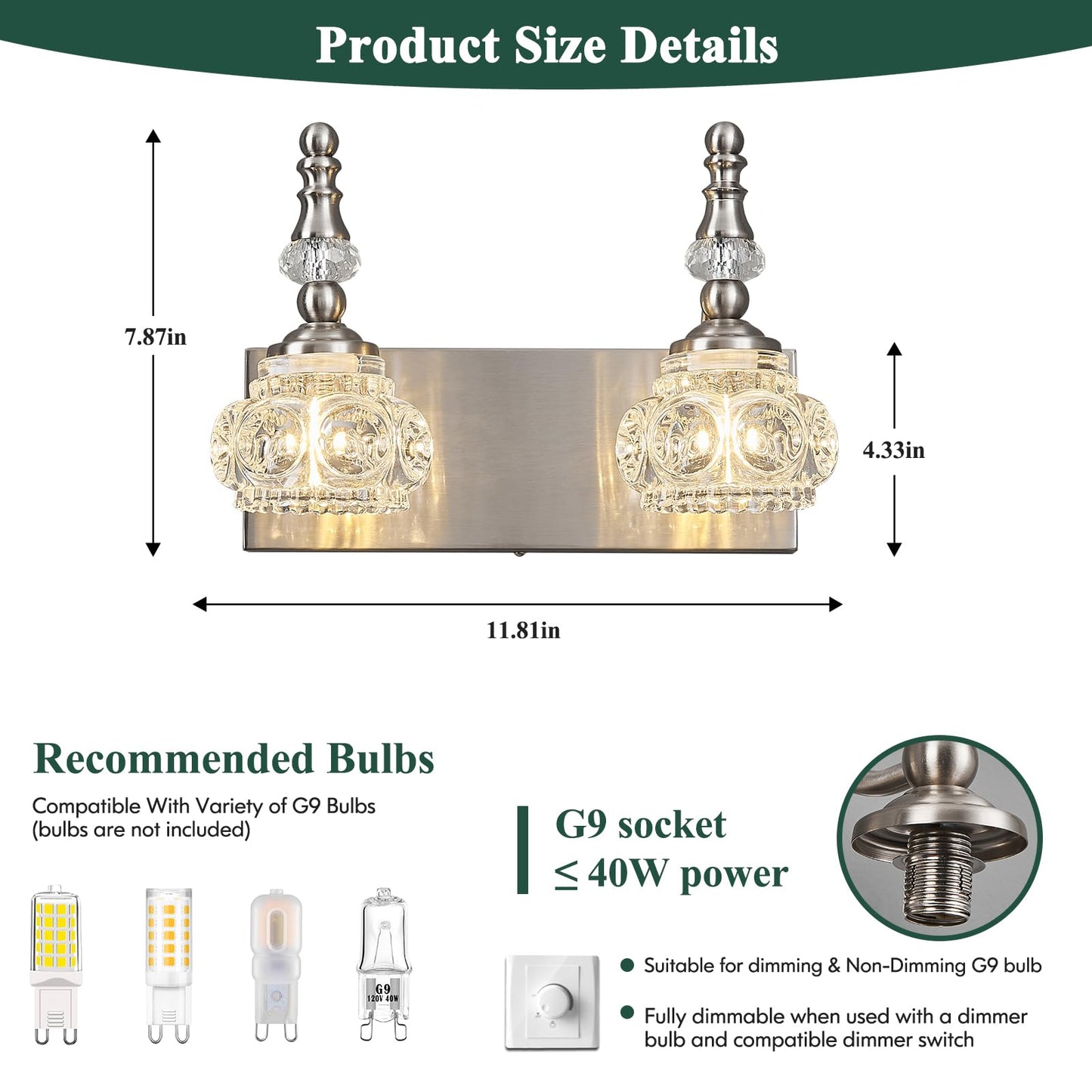 Lbsqj Modern Glass Crystal Vanity Light - Vintage Bathroom Lighting Fixtures Over Mirror  2 Light Vanity Lights G9 Bulb (11.81 Inch  Nickel)