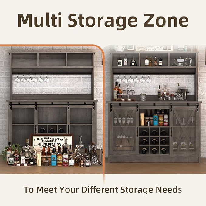 4ever2buy Farmhouse Coffee Bar Cabinet with 3 Storage Hutch, 47”Coffee Bar with Sliding Barn Doors, Hutch Cabinet with 6 Hooks & 9 Wine Racks for Dining Room, Kitchen, Wash Grey