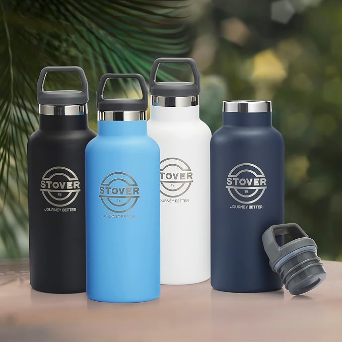 STOVER Insulated Water Bottle, 16oz Stainless Steel Double Wall Vacuum Wide Mouth Leakproof Twist Lid, Ideal for Sports, Travel & Daily Use (Black)