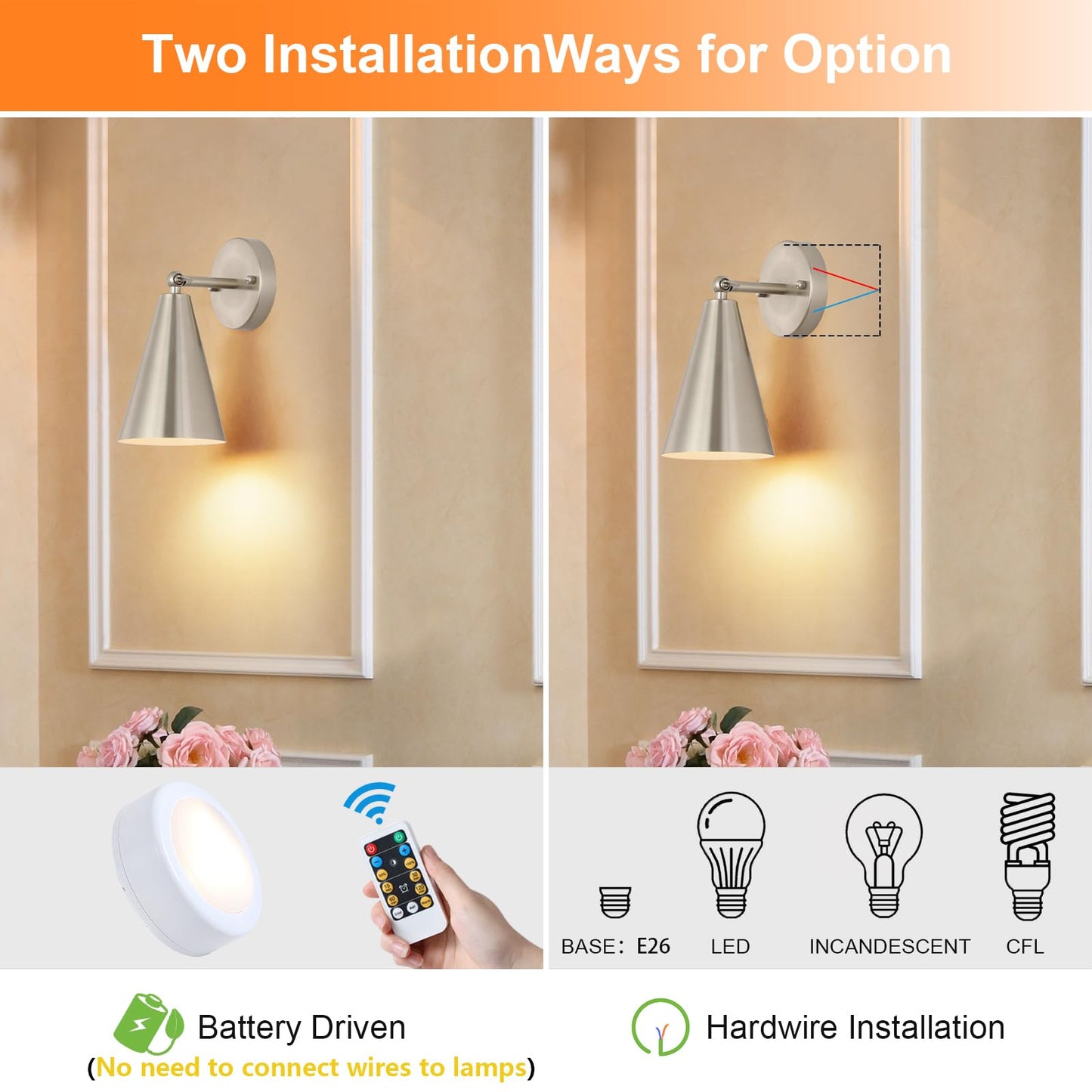 MWZ Wall Sconces Set of Two, Battery Operated, Dimmable, Adjustable Angle, Nickel, Model W-XL125