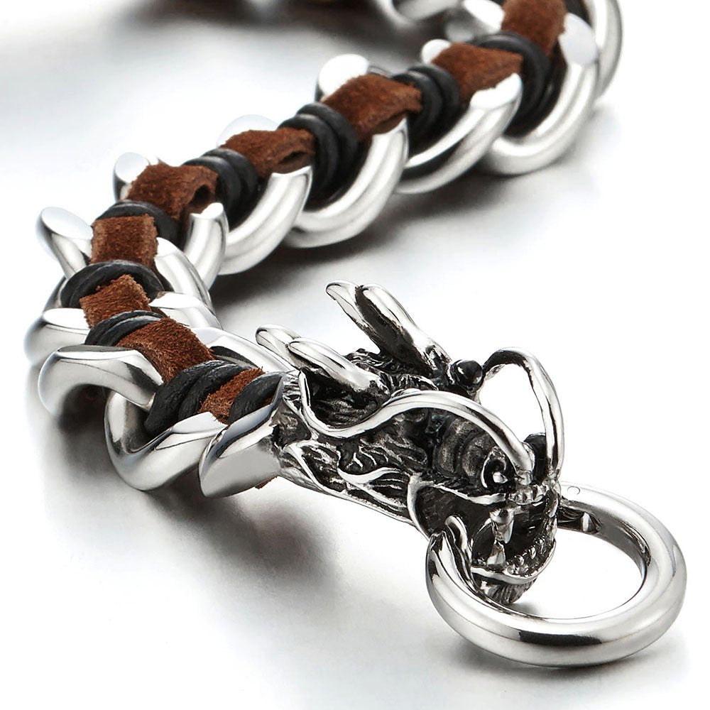 COOLSTEELANDBEYOND Stainless Steel Mens Dragon Curb Chain Bracelet Interwoven with Brown Genuine Leather Strap