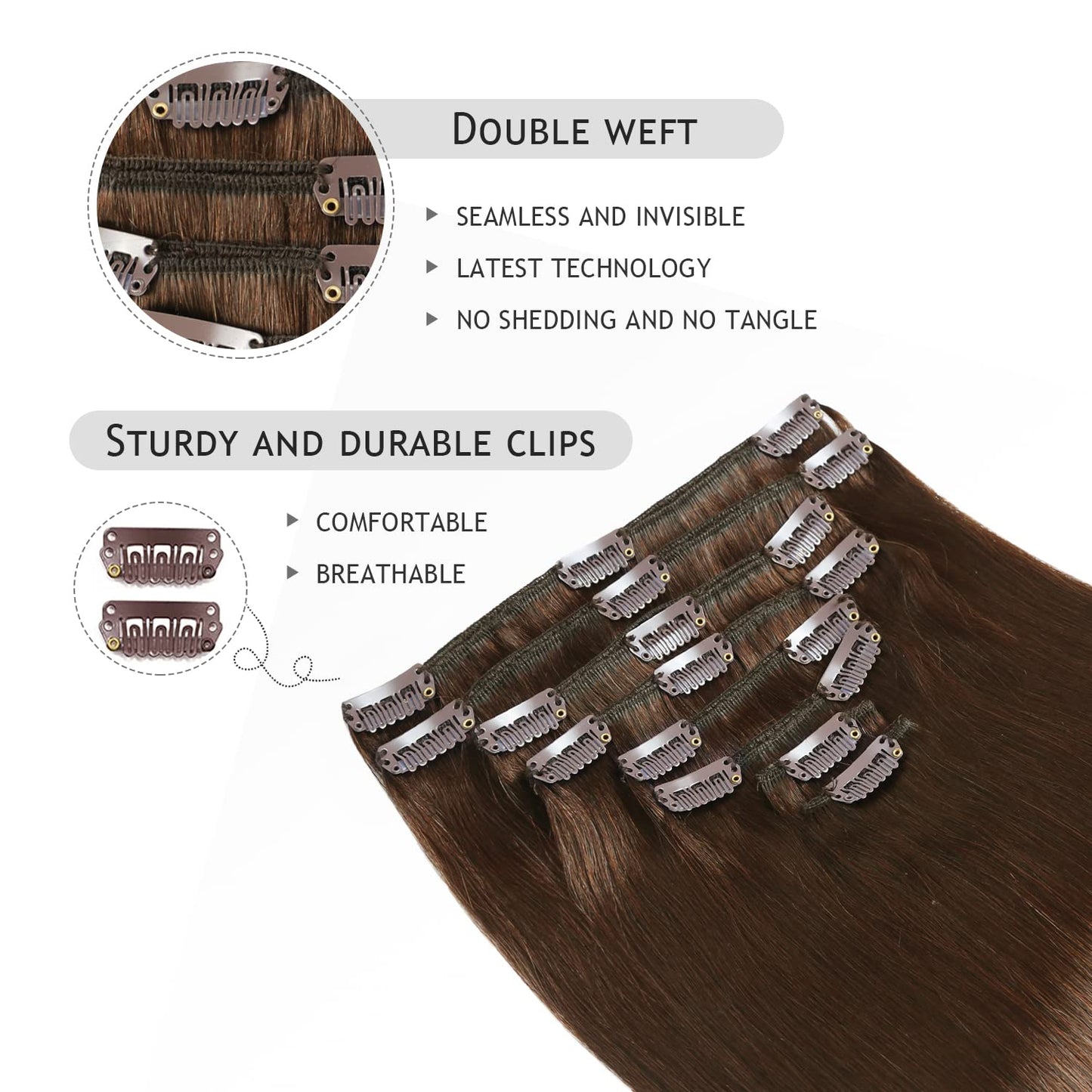YILITE Hair Extensions Clip in 100% Real Human Hair 8Pcs/Pack 120g Chocolate Brown Thick Silky Straight Remy Human Hair Extensio
