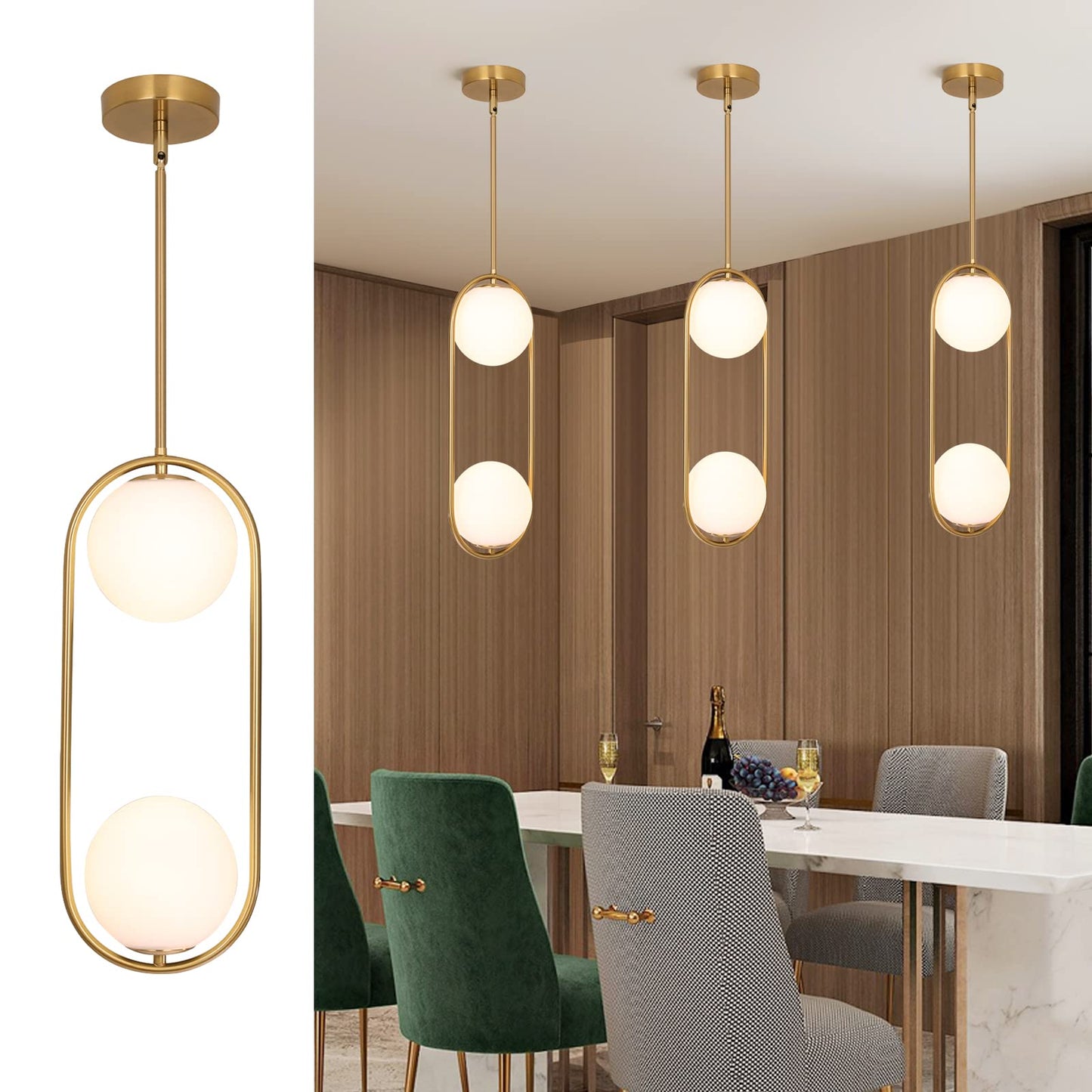 SeeU Modern Pendant Light Fixture, 2 Light, Metal, Gold, Globe Glass Lampshade, Model SeeU-MPL-v1