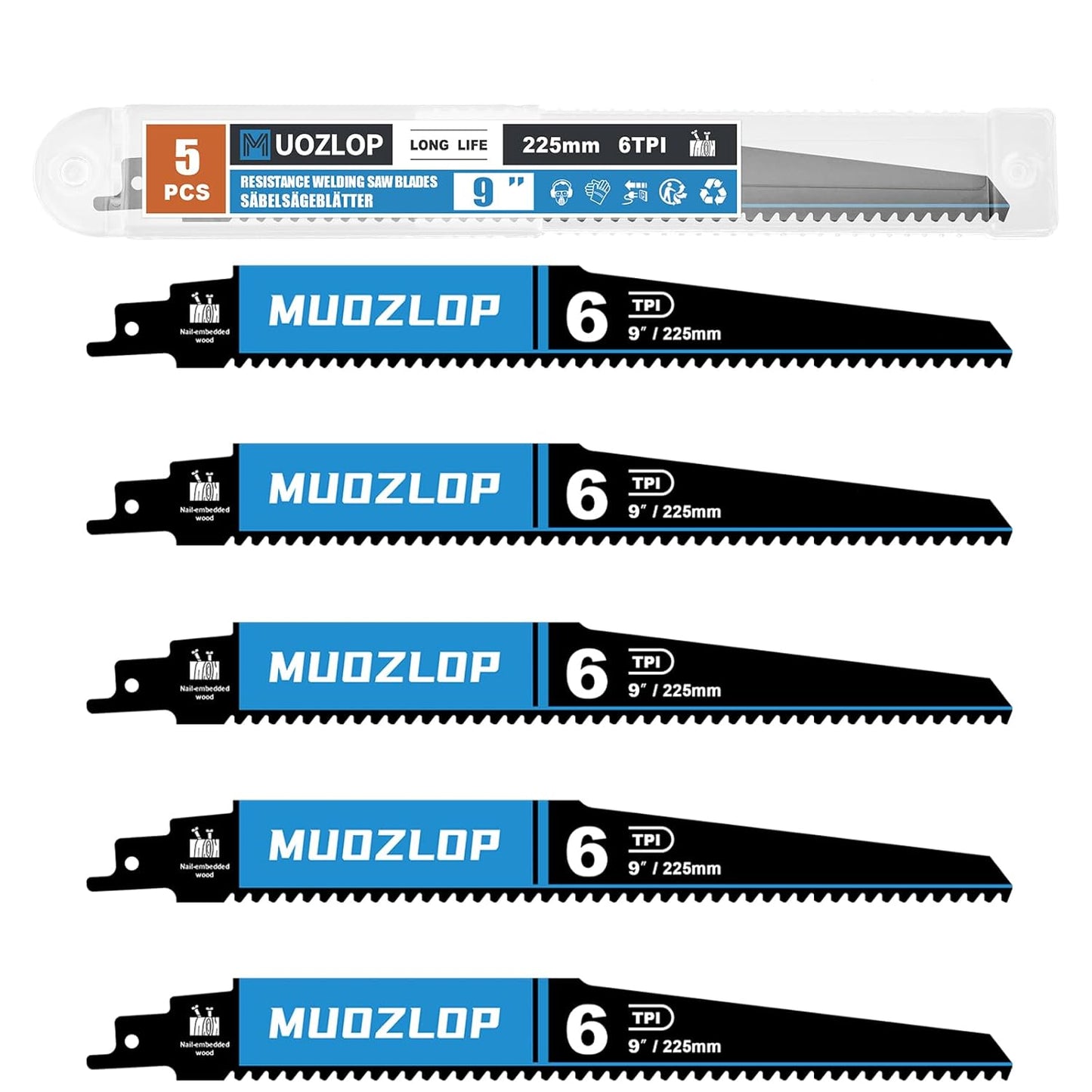 5 Pack 9 inch Reciprocating Saw Blades Set， 6 TPI High Carbon Saw Blades for Wood with Nails，Saw Blades with Organizer Case (5, 6T/9inch)