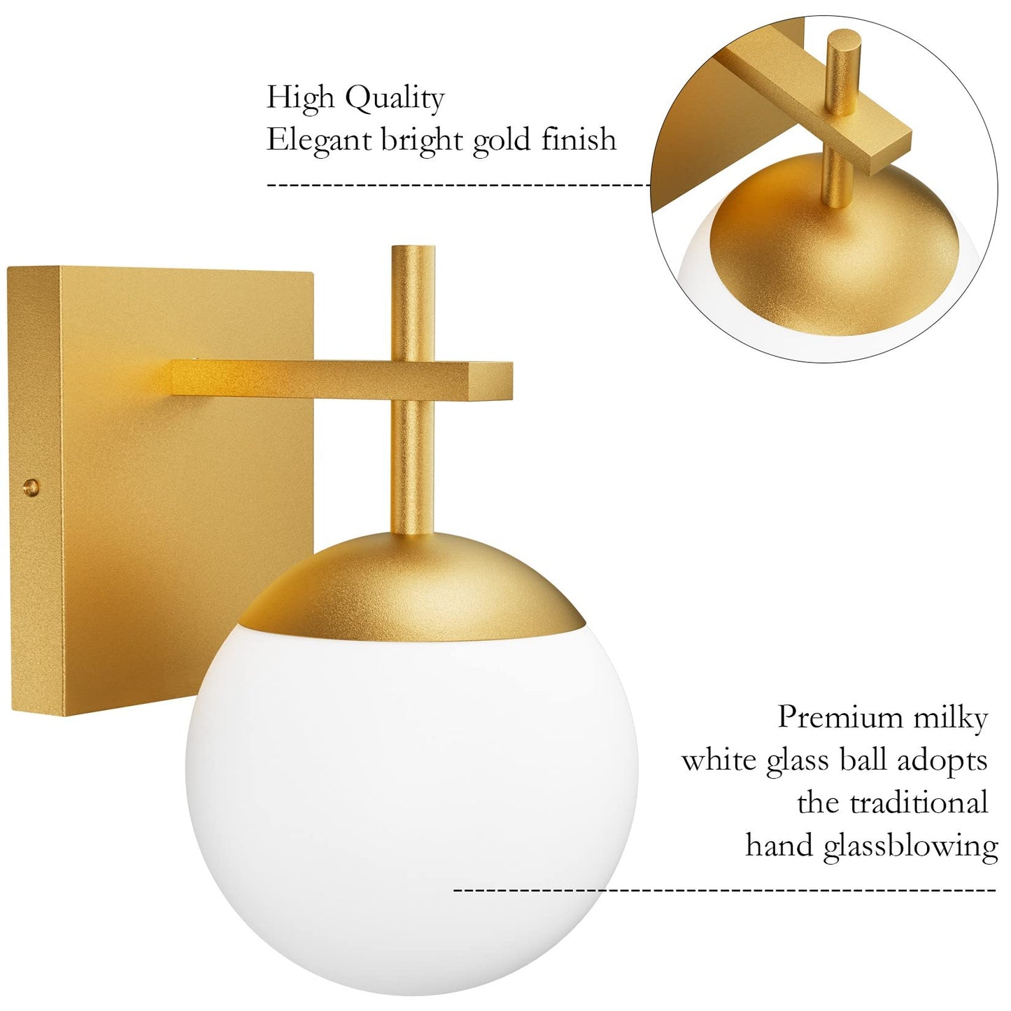 Ralbay Gold Wall Sconce - Mid Century Modern Indoor Light Fixture, 1 Light, Milky Glass For Bathroom, Kitchen, Living Room, Model 1100