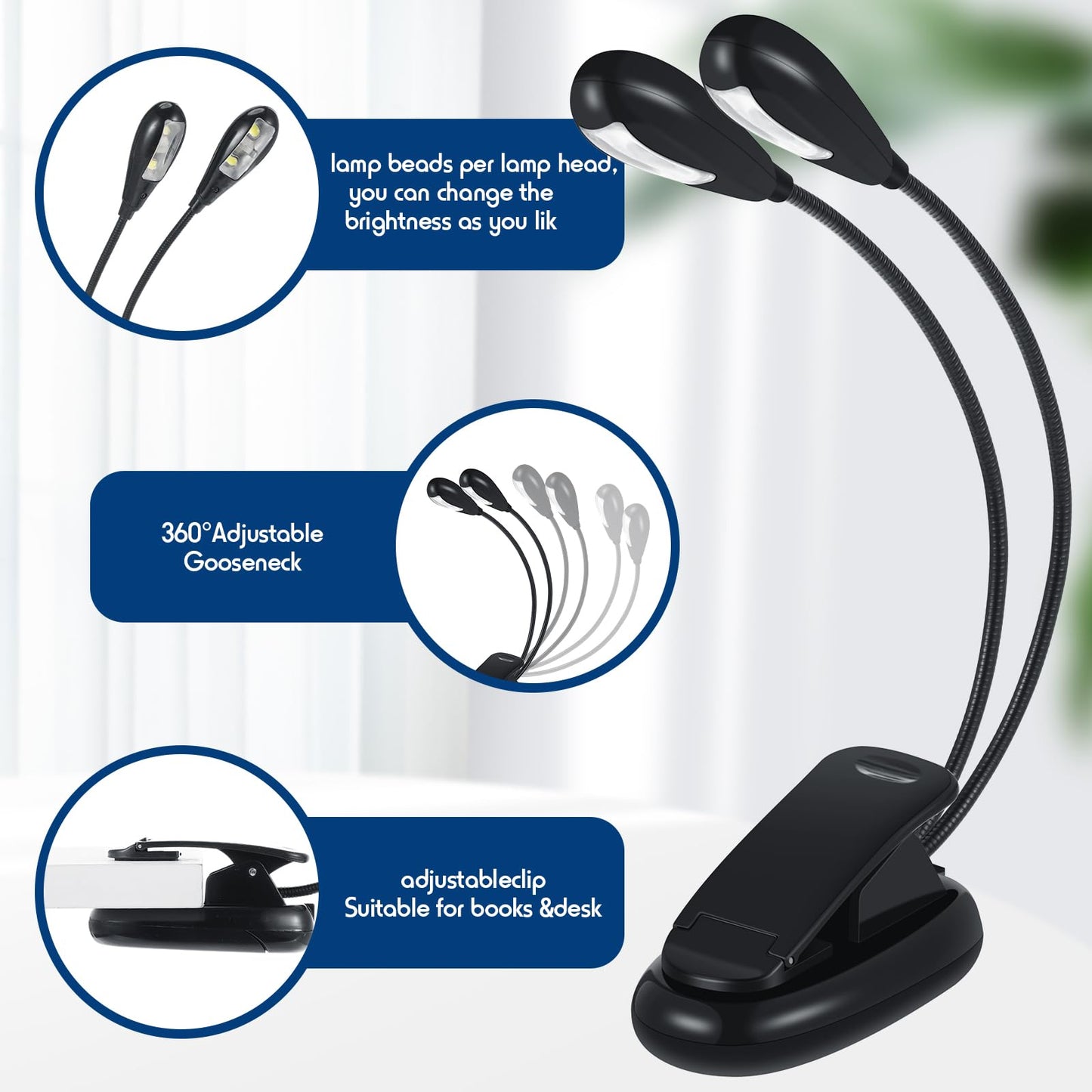 Rossesay 28 Pcs Music Stand Light Bulk Clip On Led Book Lights Usb And Aaa Battery Operated Brightness Dual Arm Clip Lamp Rechar