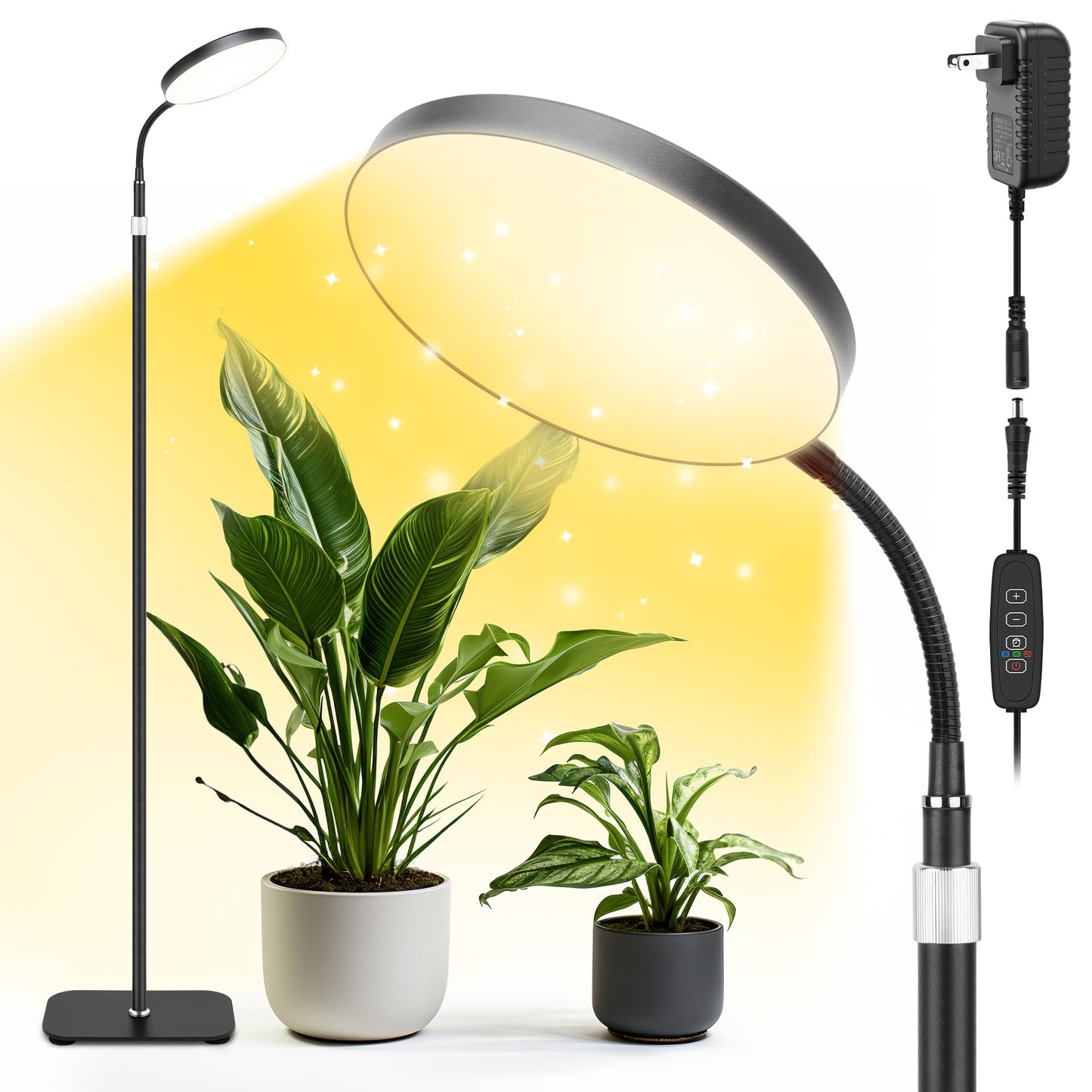 MistyJungle Indoor Plant Grow Light, 20W Full Spectrum, Auto Cycle Timer, 63in Adjustable Stand, Black, Model 24PanBlaUS