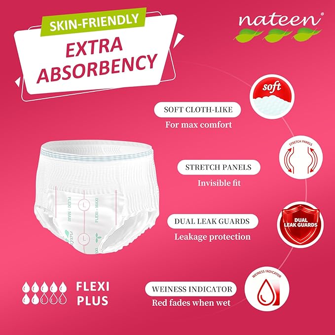 Nateen Flex Plus Adult Incontinence Underwear for Women and Men，Extra Absorbency Adult Pull Ups,Soft Cloth-Like Adult Diapers, Large, 20 Count