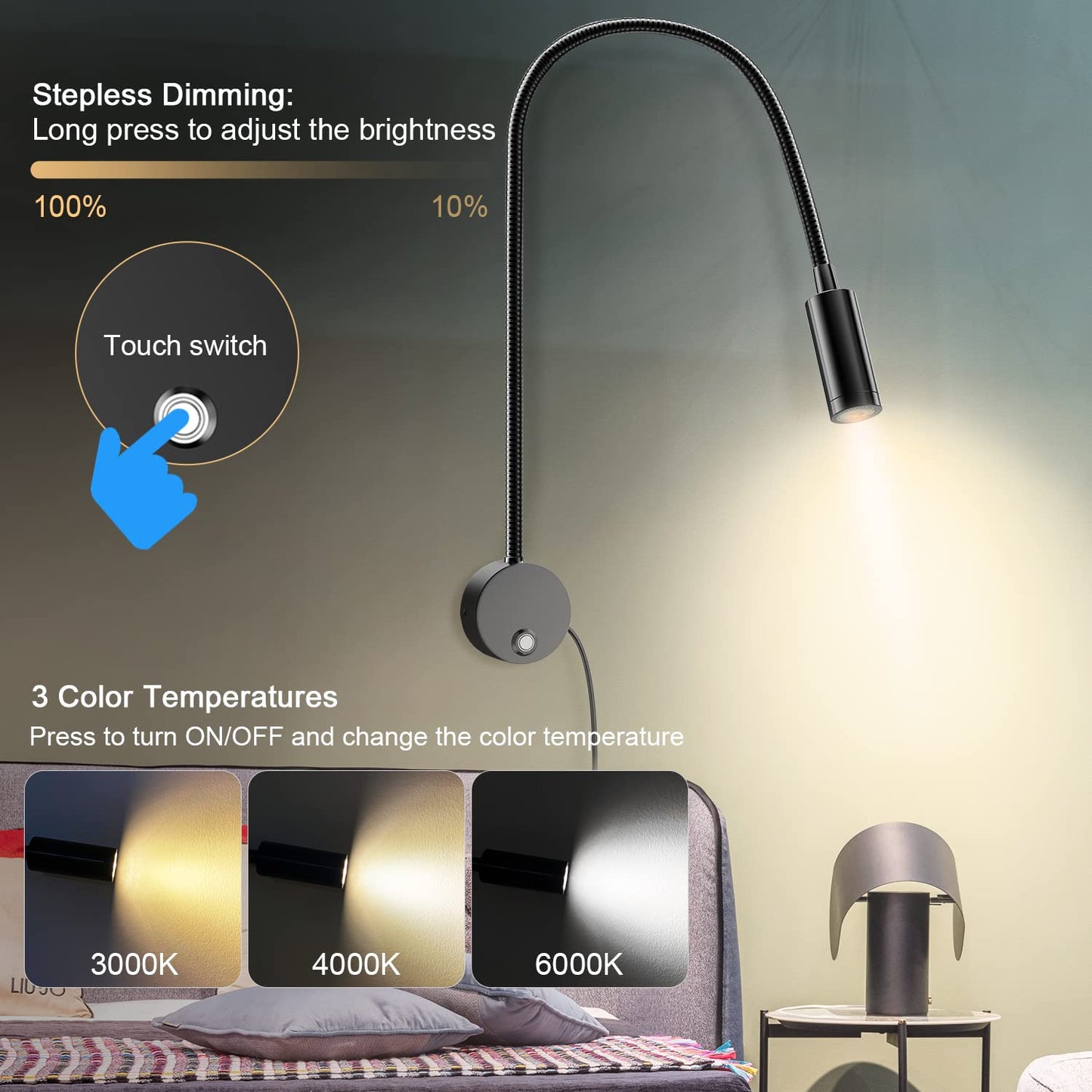 ERAY LED Wall Mount Reading Light, 15in Gooseneck, Dimmable, USB Charging, Aluminum, Black, Model E280-Leselampe