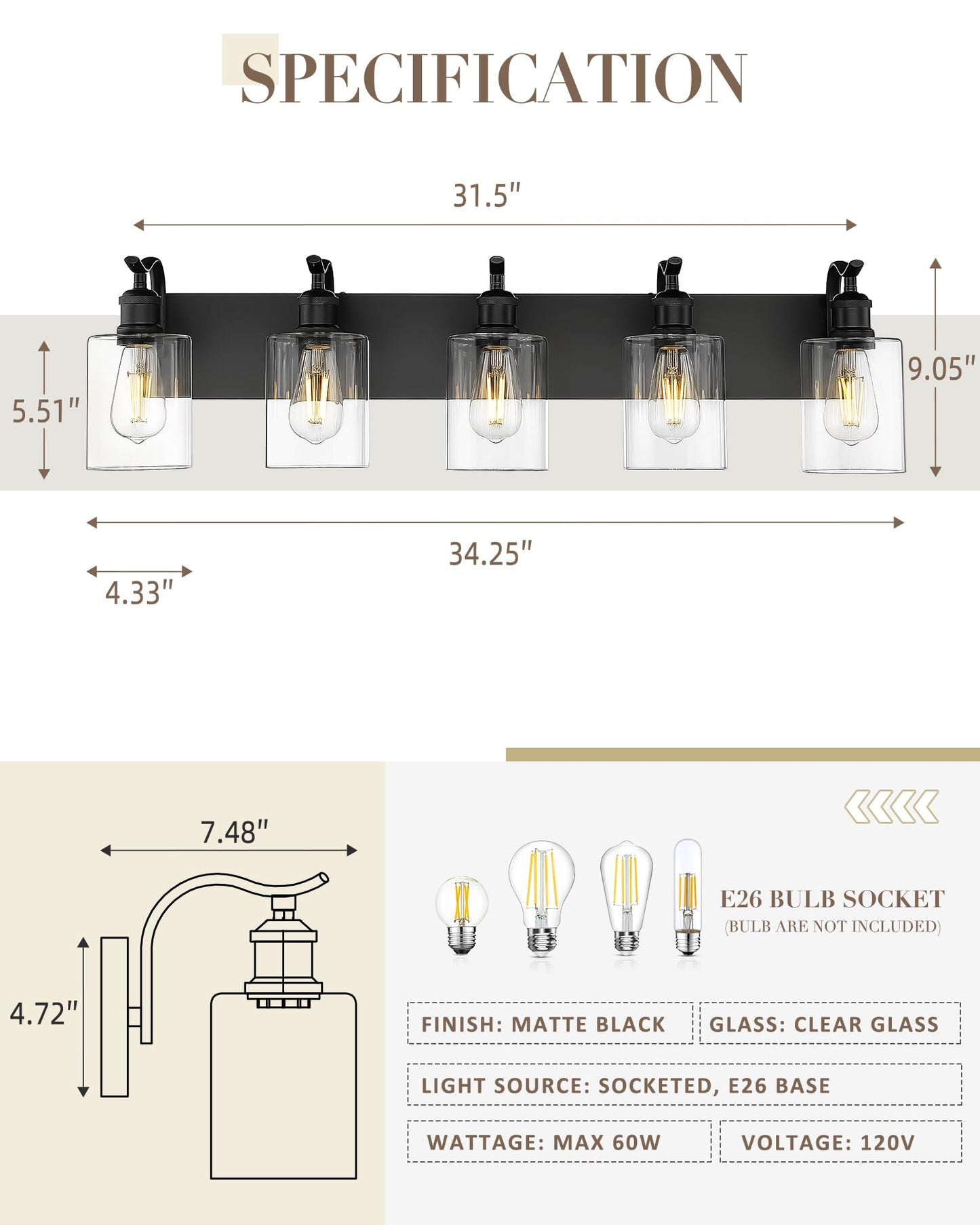 Jazava 5 Light Bathroom Vanity Light  Black Light Fixture Morden Bathroom Lighting Fixtures Over Mirror Black Wall Sconces With Clear Glass Shade Zcvl01Bk-5