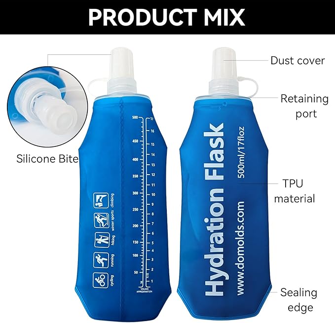Premium Collapsible Water Bottle-500ml (17.6oz), Portable Soft Flask Water Bottle for Hydration Pack/Running Vest- Folding Water Bottle for Running, Hiking, Cycling (Blue 500ml)