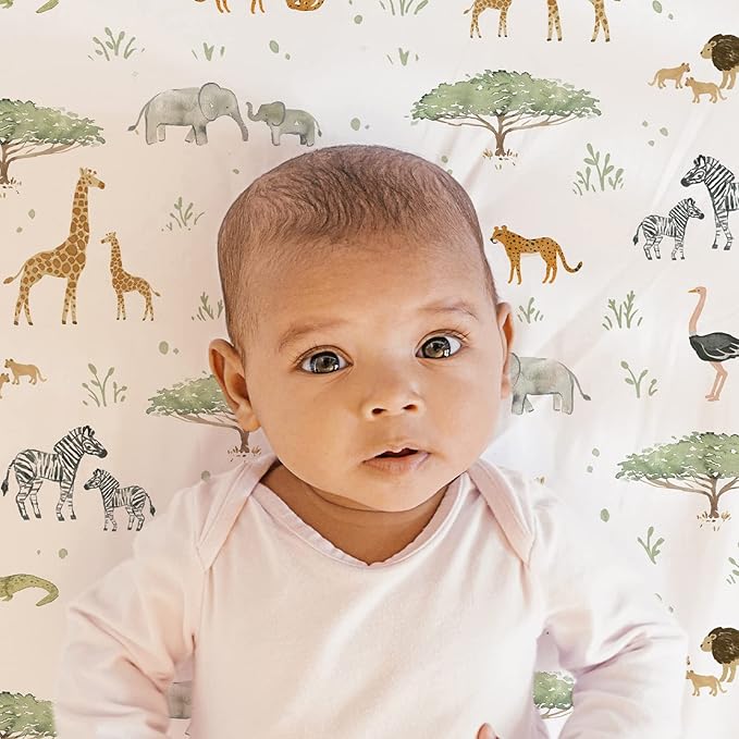Baby Bassinet Sheets for Boy, Girl (Safari Adventures) 2-Pack - Fitted Bedside Bassinet Sheets - Buttery Soft Cotton Blend for Standard Mattress Pad - Compatible with Halo BassiNest