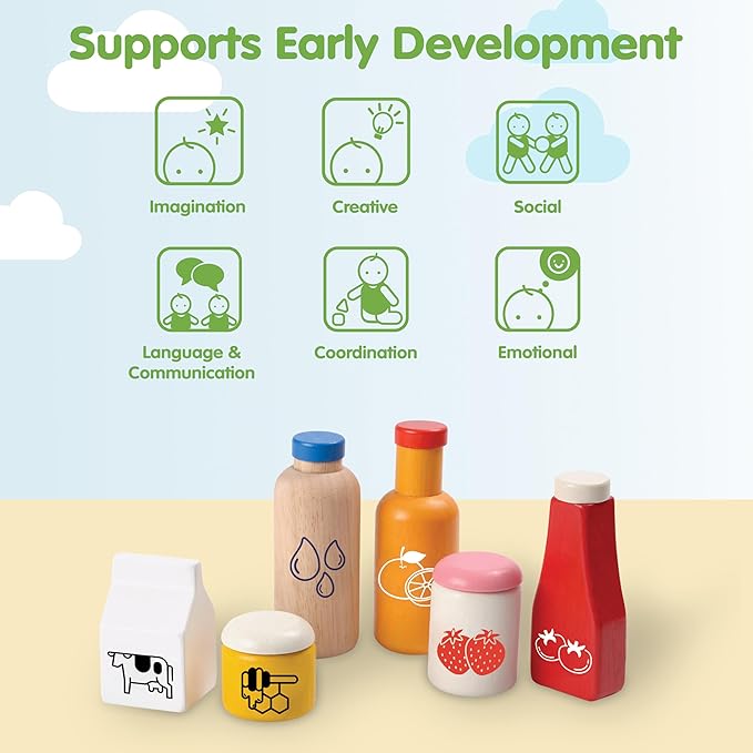 PlanToys® Wooden Food & Beverage Pretend Play Set | Montessori Kitchen Toys for Toddlers & Kids | Eco-Friendly Wooden Role Play Food | Includes Milk Carton, Juice, Water, Ketchup, Jam & Honey