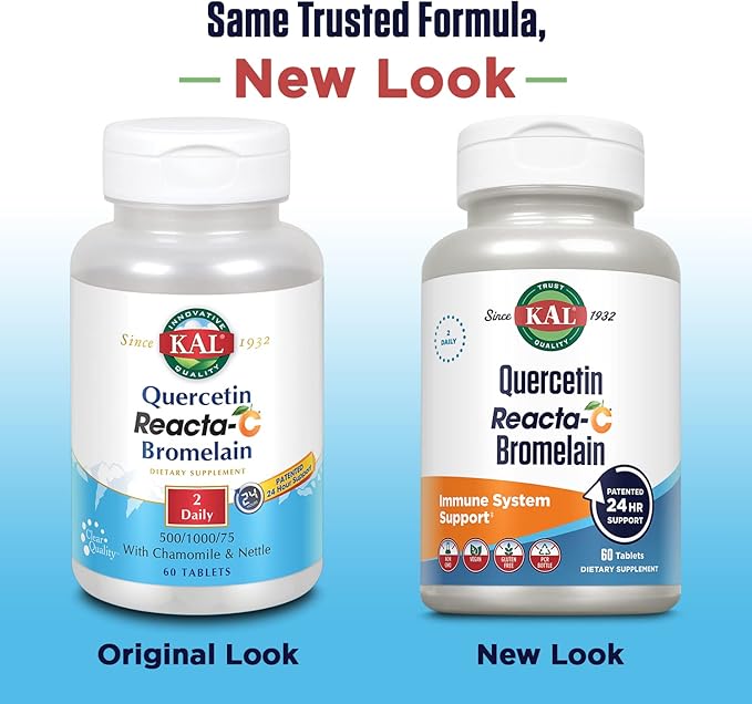 KAL Quercetin Reacta-C Bromelain Immune Support Supplement, 24 Hour Immune Defense with Bioflavonoids, Vitamin C 1000mg and Quercetin 500mg, Vegan, Gluten Free, 60-Day Guarantee, 30 Serv, 60 Tablets