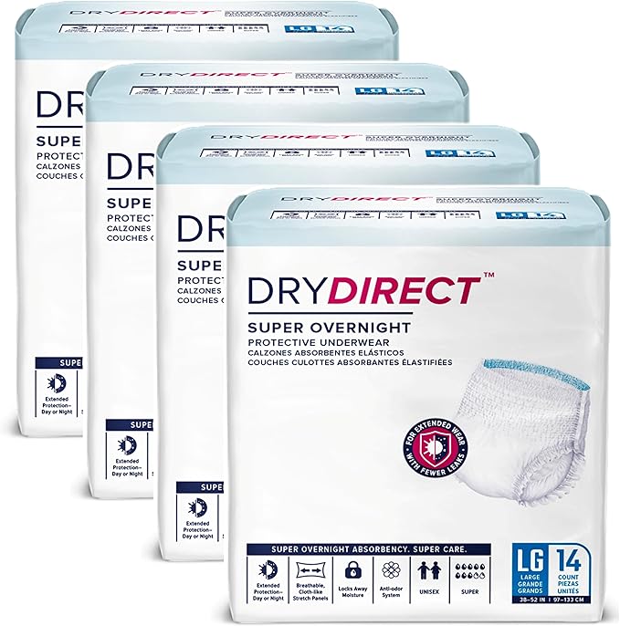 Dry Direct Super Overnight Underwear, Soft Cloth-Like Adult Diapers, Overnight Disposable Incontinence Protection - Large (Case of 56)