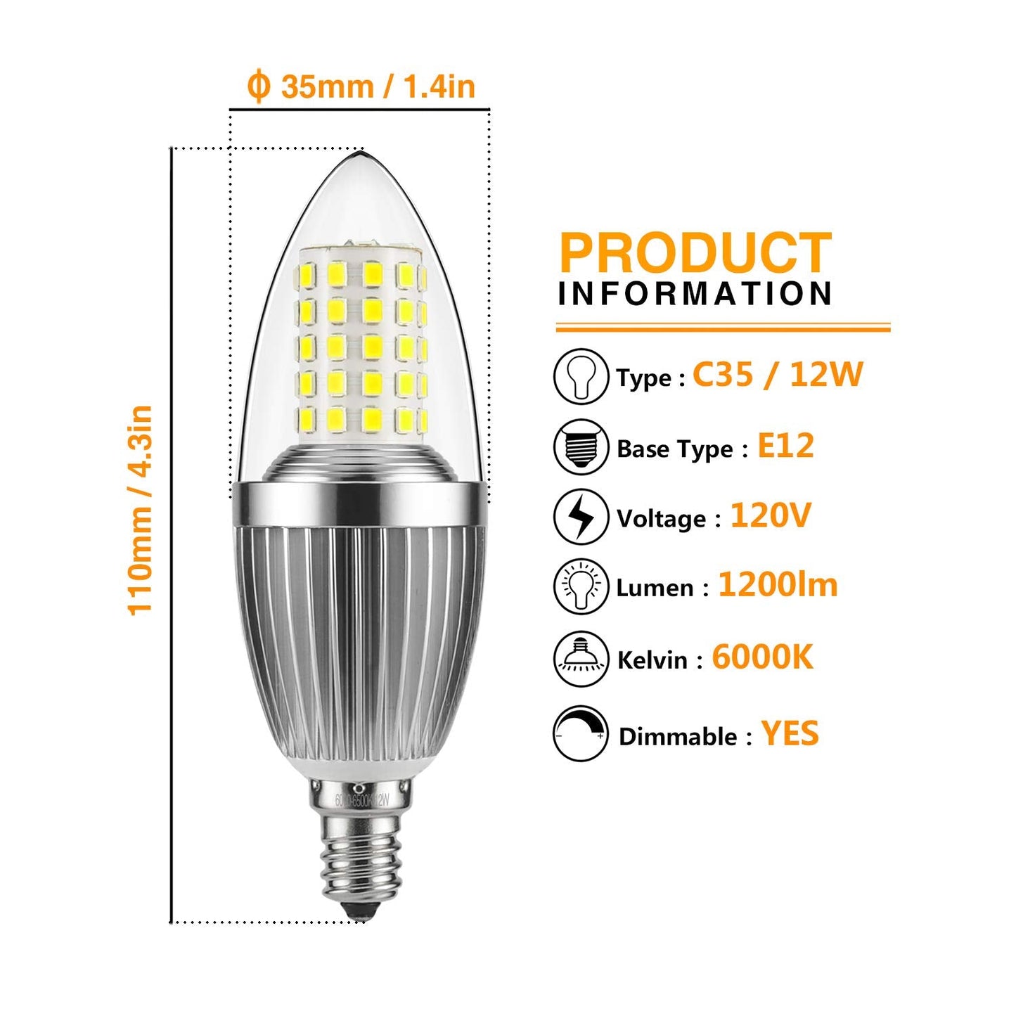 gezee LED Candelabra Bulb 12W 100W Equivalent Daylight White 6000K E12 Base Torpedo Shape 4-Pack