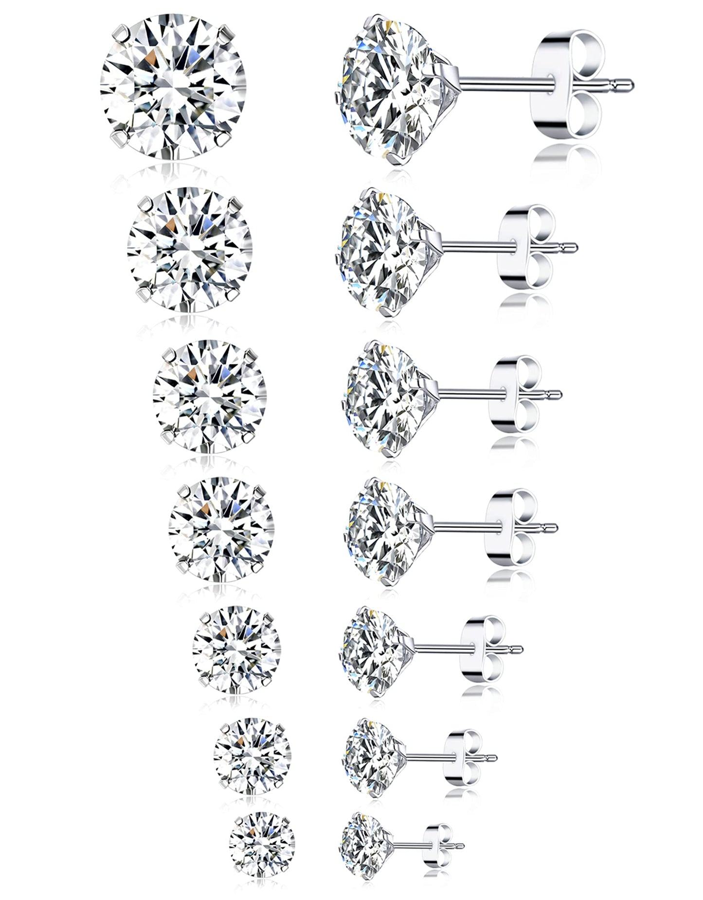 Tornito 7 Pairs 18G Stainless Steel Stud Earrings Round Cubic Zirconia Barbell Earring Set for Women Men 2MM-8MM Silver Tone