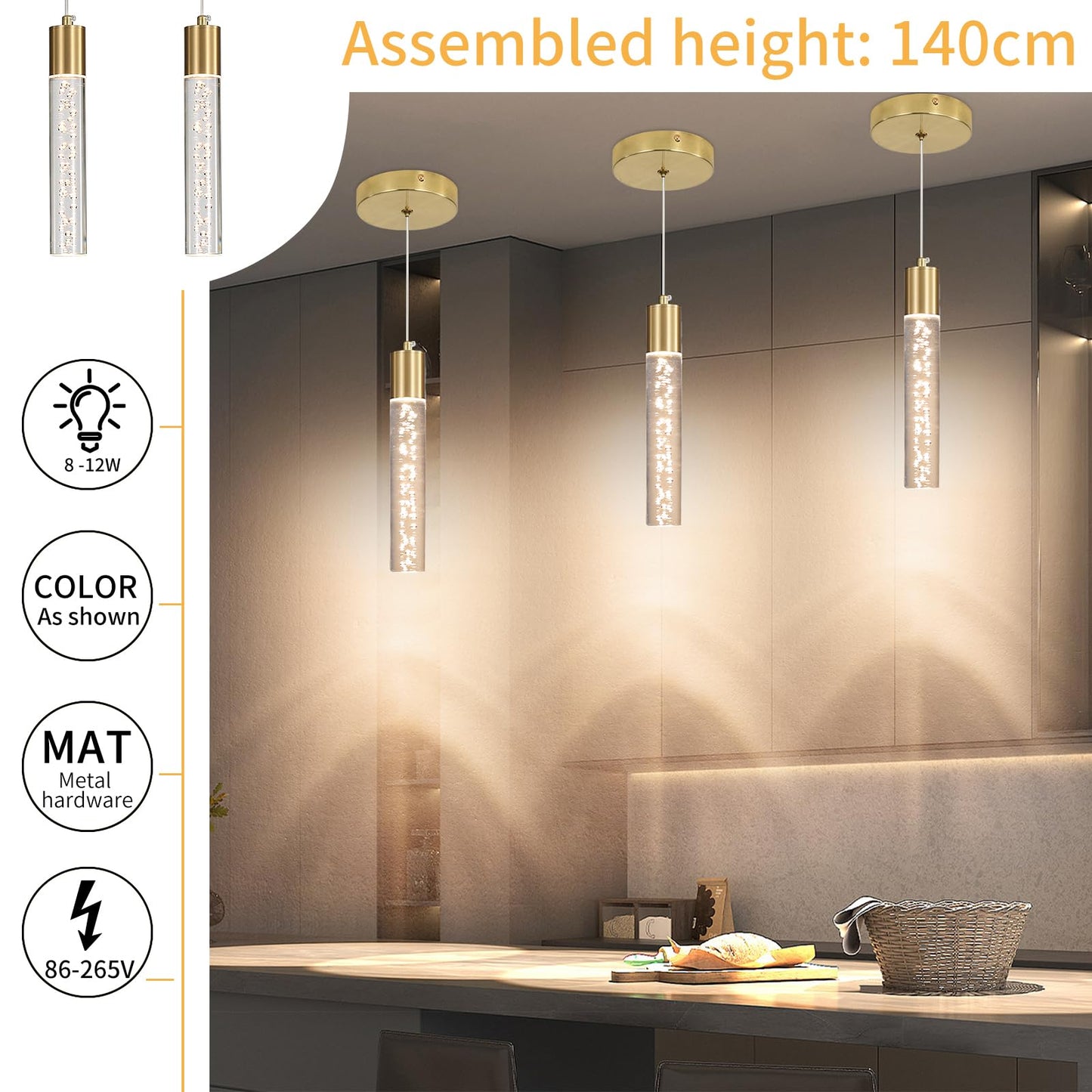 2 Pack Modern Kitchen Island Hanging Light  Gold Led Pendant Lights Fixture  Bubble Acrylic  3 Color Temperatures  Mini Ceiling Chandelier Lighting For Dining Room  Bedroom  Foyer Entrance  Cafe Bar