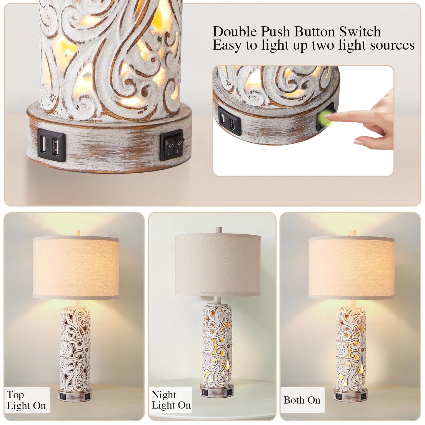 RORIANO Set of 2 Rustic Farmhouse Table Lamps, Vintage Resin Nightstand Lamps with Dual USB Port, Antique White, Model LM-08889