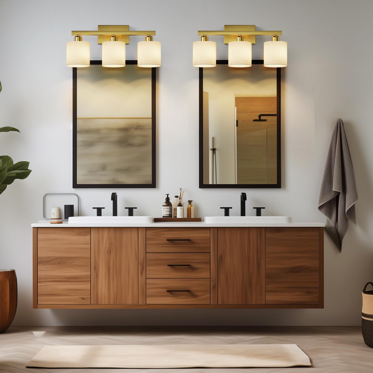 PARTPHONER Bathroom Light Fixtures, Bathroom Lighting Fixtures Over Mirror, Interior Classic Vanity Lights, Modern Vanity Light with Textured White Glass Shade, Brushed Gold, 3-Light