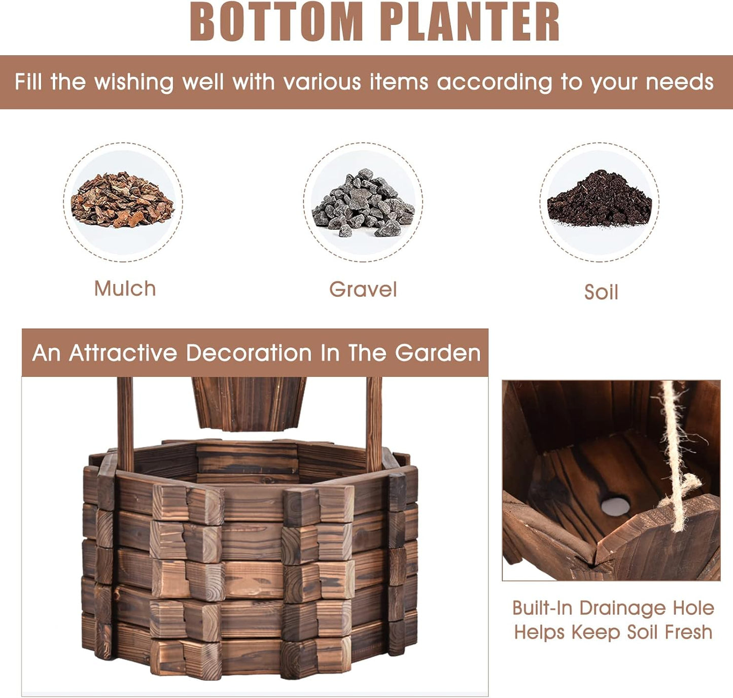 Tangkula Outdoor Wishing Well Planter, Old-Fashioned Wood Wishing Wells for Yard, Rustic Farmhouse Decoration for Garden, Backyard, 46 Inch Tall (22" x 22" x 45")