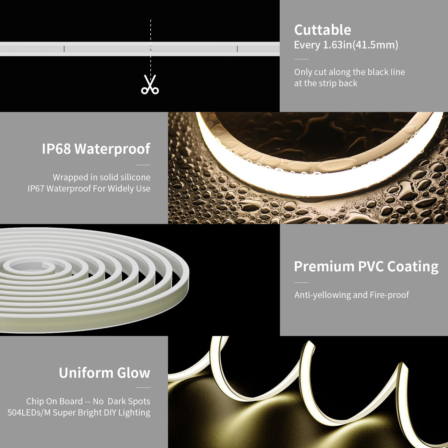 Pautix Cob Led Strip Neon Rope Light 16.4Ft, 4000K White, Ip67 Waterproof, 504 Leds/M, Silicone, Model Snw504W24-Cob
