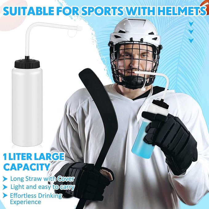 Domensi 4 Pack 1 Liter Sports Water Bottle W/Long Straw Hockey Lacrosse Water Bottle with Straw BPA Free Easy Squeeze Plastic Use W/Sport Helmet in Football Baseball Gym Yoga(Translucent)