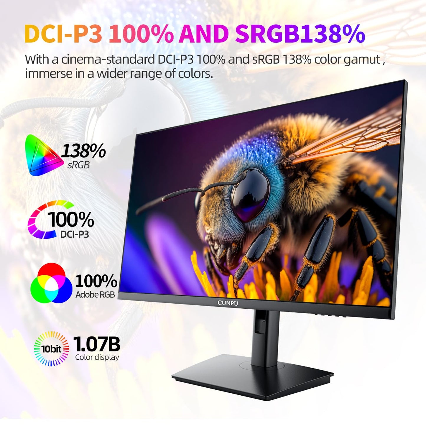 CUNPU 27 Inch 4K 70Hz Monitor, UHD (3840 * 2160) IPS Ultra-Slim Bezel Monitor for Photo Video Editing, ΔE < 2, 100% DCI-P3, 1.07B+ Colors, PIP-PBP, Adaptive Sync, DP/HDMI, Black