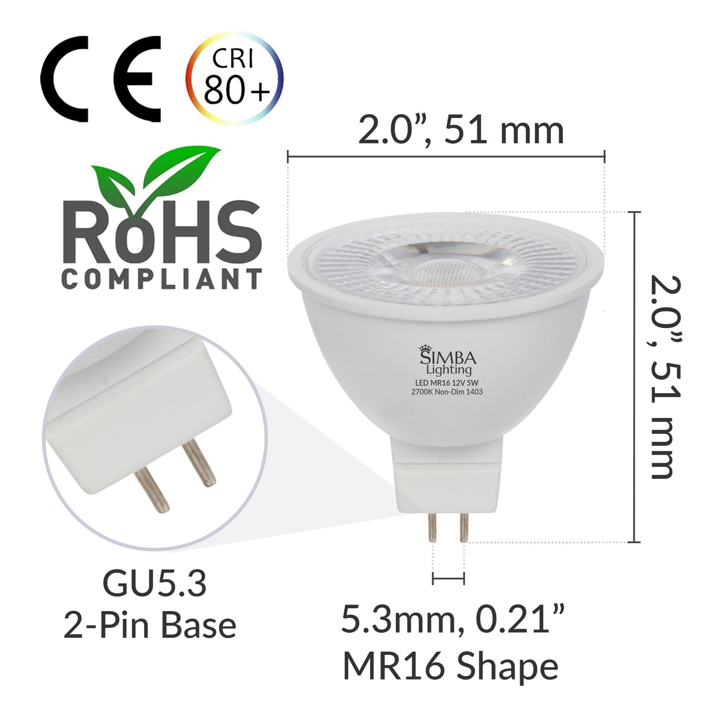 Simba Lighting Led Mr16 5W 12V Light Bulb (10 Pack) 35W To 50W Halogen Spotlight Replacement For Landscape  Accent  Track Lights  Desk Lamps  Fwm Exn  Gu5.3 Bipin Base  2700K Warm White  Not Dimmable
