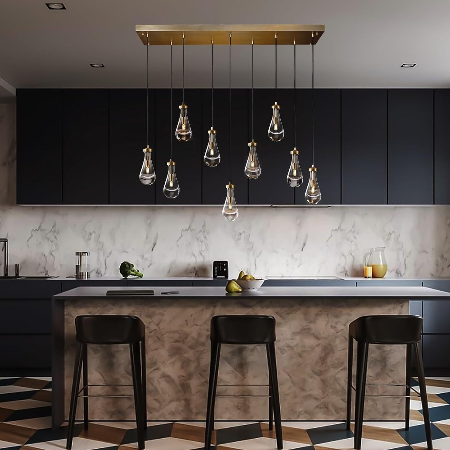 Raindrop 9-Light Chandeliers for Dining Room Gold Dining Room Lights Fixture Over Table, Brass Pendant Lights Kitchen Island, Adjustable Rope Teardrop Hanging Lamp Ceiling for Living Room