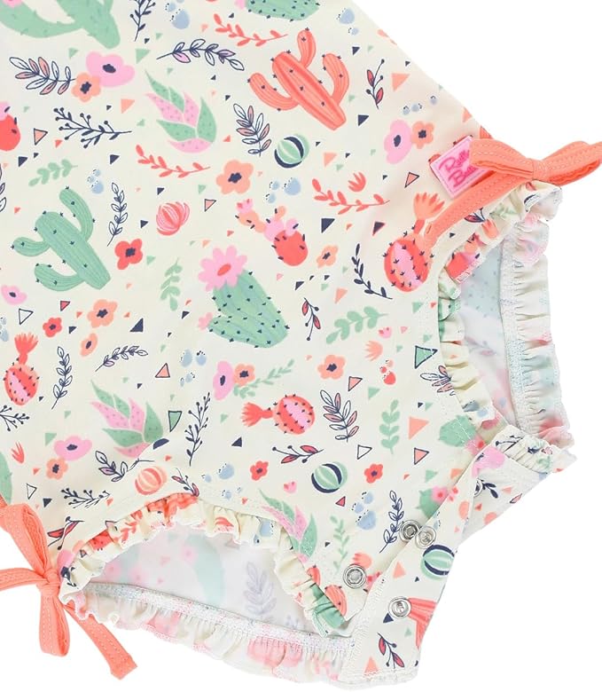 RuffleButts Baby Girls UPF 50+ Sun Protection Novelty Print Long Sleeve One Piece Rash Guard Swimsuit with Zipper