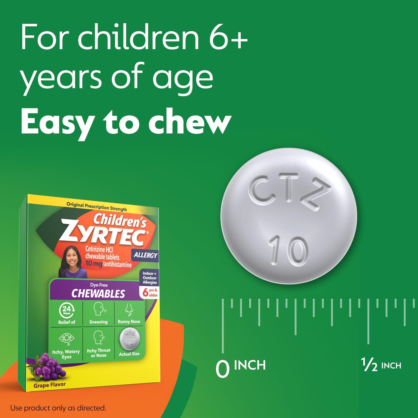 Zyrtec Children's Dye-Free Chewables for 24 Hour Allergy Relief, 10 mg Cetirizine Hydrochloride Antihistamine Tablets, Kids Allergy Medicine Relieves Sneezing & Itchy Throat, Grape, 24 ct