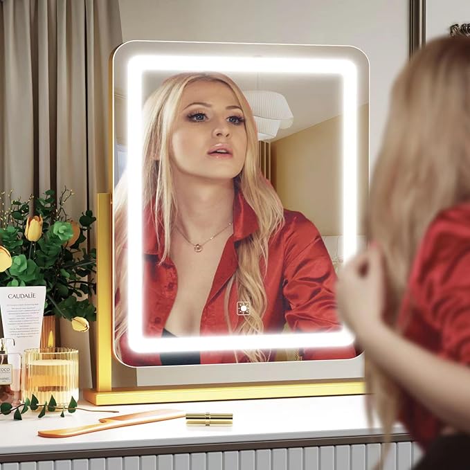 Lighted Makeup Mirror, Hollywood Vanity Mirror with Lights, Three Color Lighting Modes, and Detachable 10X Magnification Mirror, Smart Touch Control, 360°Rotation (15.2in. Gold)