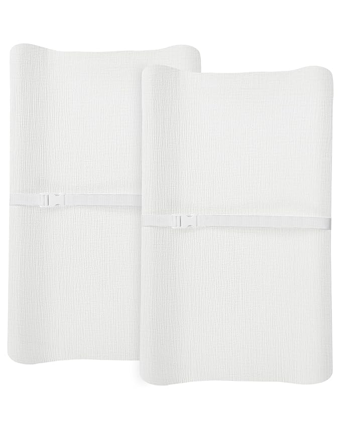 Changing Pad Cover for Baby Girls Boys, Muslin Changing Table Pad Covers with Boho Style, Neutral Color Soft and Breathable (White & White)